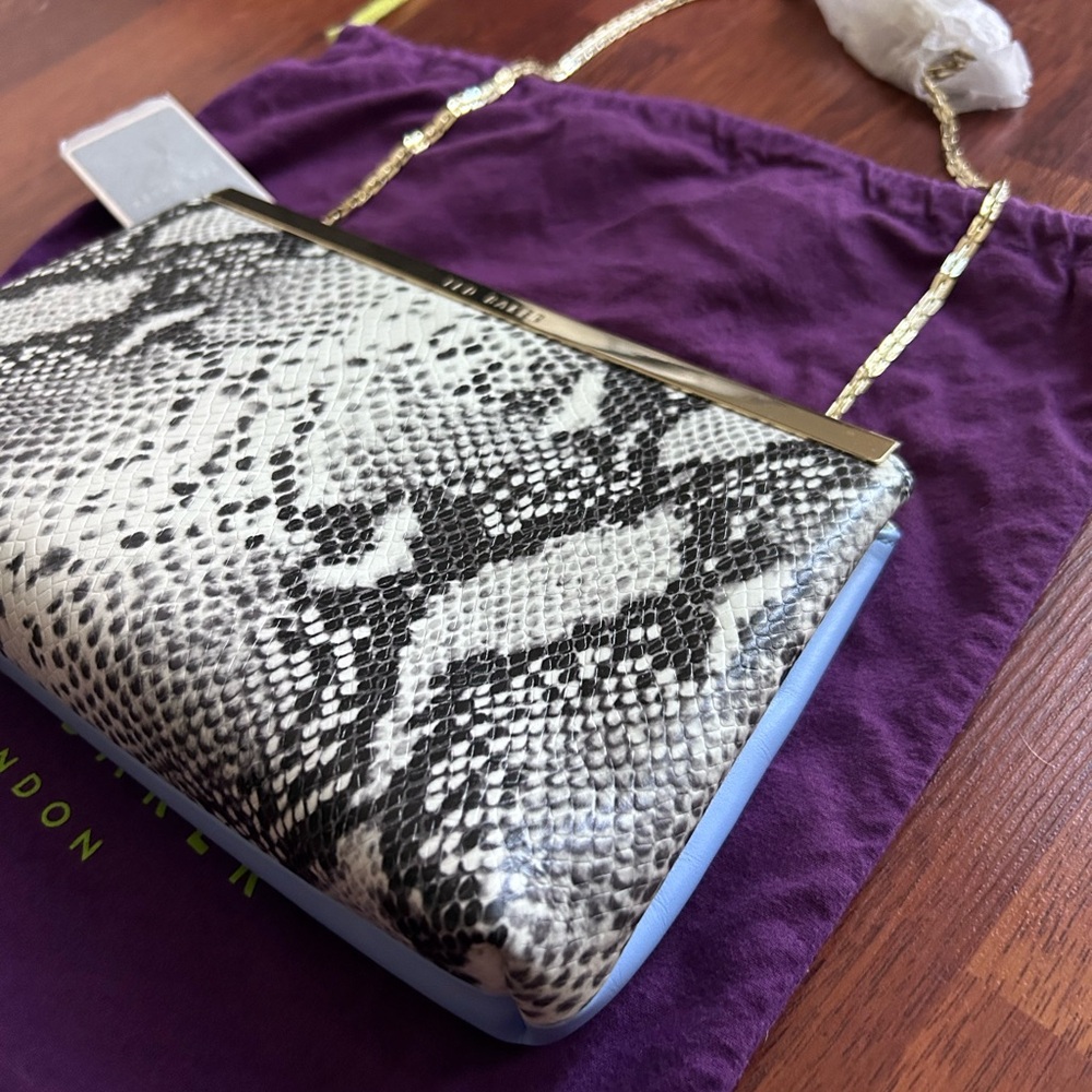NWT Ted Baker Exotic Snake Embossed/ Powder Blue Leather Clutch Handbag